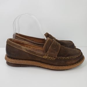 Born Tok Distressed Oiled Vintage look Brown Suede Comfort Penny Loafers Sz 8M